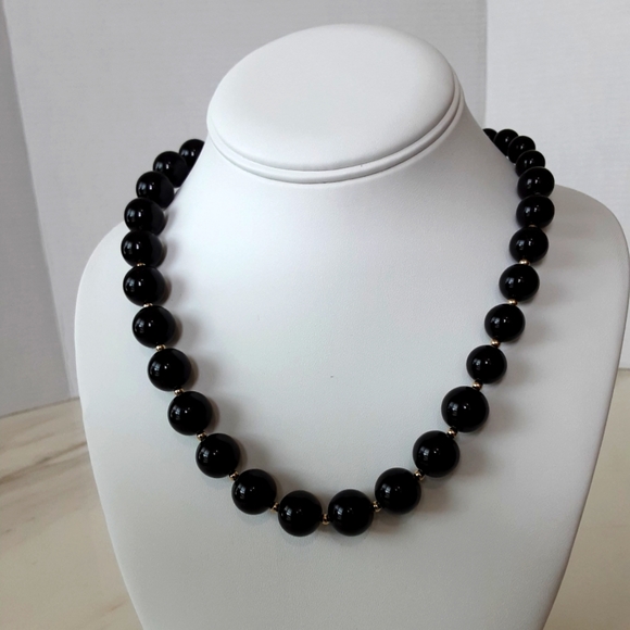 MONET Jet Black Onyx Graduated Gold Spacers Necklace 30" - NWT - Vtg - Picture 1 of 3